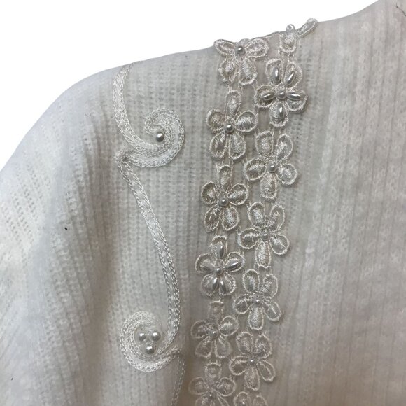 VTG Womens 2XL Open Cardigan Longline Sweater White Angora Blend Pearl Embellish - Picture 4 of 12